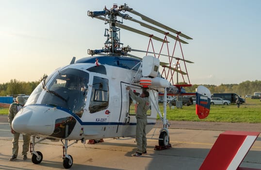 August 30, 2019. Zhukovsky, Russia. Russian multi-purpose helicopter Kamov Ka-226 with engine Turbomeca Arrius 2G1 at the International Aviation and Space Salon MAKS 2019.