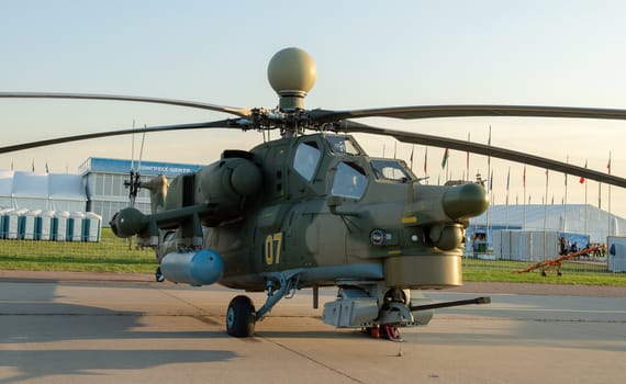 August 30, 2019. Zhukovsky, Russia. Russian attack helicopter Mil Mi-28 at the International Aviation and Space Salon MAKS 2019.