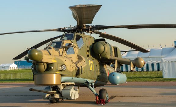 August 30, 2019. Zhukovsky, Russia. Russian attack helicopter Mil Mi-28 at the International Aviation and Space Salon MAKS 2019.