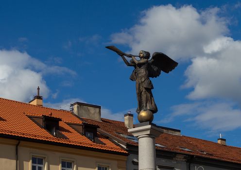 April 26, 2018 Vilnius, Lithuania, Statue of an angel in Uzhupis district in Vilnius.