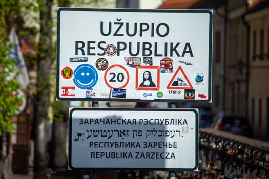 April 27, 2018 Vilnius, Lithuania. Information poster at the entrance to the district Uzupis in Vilnius.