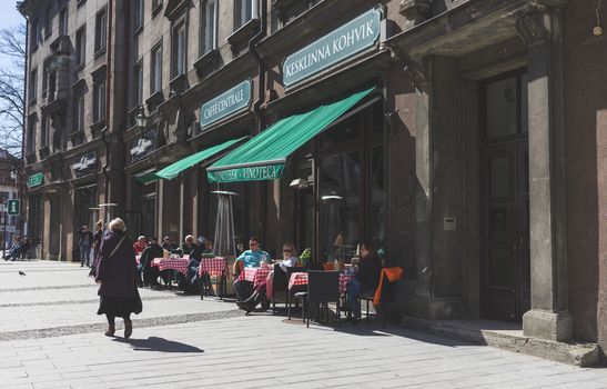 April 20, 2018 Tallinn, Estonia, Street cafes in the Central square of the Old city.