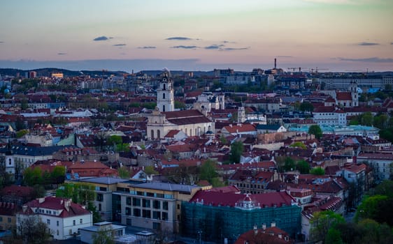 April 27, 2018 Vilnius, Lithuania. View of the old city of Vilnius from Three Cross Mountain.