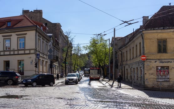April 27, 2018 Vilnius, Lithuania. A trolleybus on one of the streets in Vilnius.