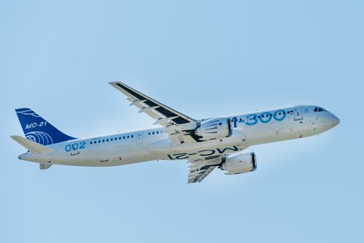 August 30, 2019. Zhukovsky, Russia. Promising Russian medium-range narrow-body passenger aircraft Irkut MC-21 at the International Aviation and Space Salon MAKS 2019.