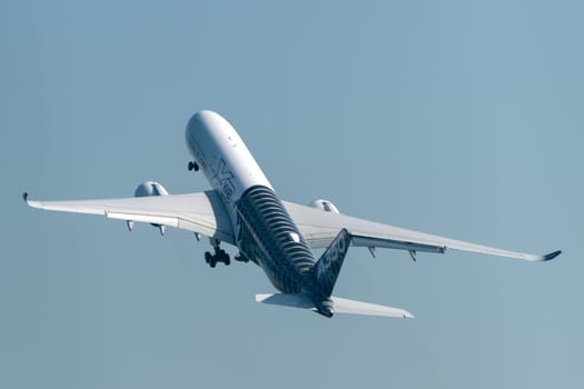 August 30, 2019. Zhukovsky, Russia. long-range wide-body twin-engine passenger aircraft Airbus A350-900 XWB Airbus Industrie at the International Aviation and Space Salon MAKS 2019.