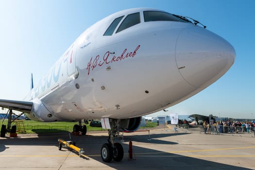 August 30, 2019. Zhukovsky, Russia. Promising Russian medium-range narrow-body passenger aircraft Irkut MC-21 at the International Aviation and Space Salon MAKS 2019.