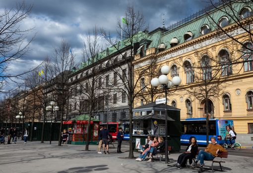 April 22, 2018, Stockholm, Sweden. Passers-by on one of the streets in Stockholm.