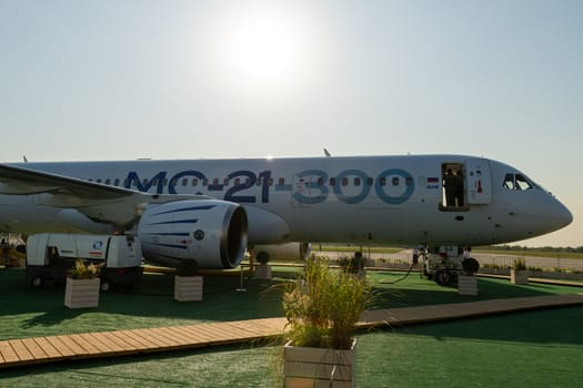 August 30, 2019. Zhukovsky, Russia. Promising Russian medium-range narrow-body passenger aircraft Irkut MC-21 at the International Aviation and Space Salon MAKS 2019.