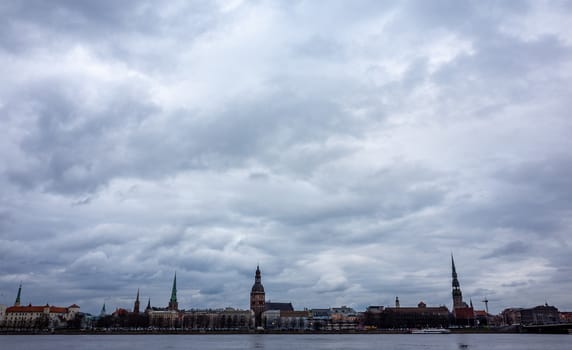 April 24, 2018 Riga, Latvia. View of the Old Town in Riga from the opposite bank of the Daugava River.
