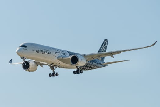 August 30, 2019. Zhukovsky, Russia. long-range wide-body twin-engine passenger aircraft Airbus A350-900 XWB Airbus Industrie at the International Aviation and Space Salon MAKS 2019.