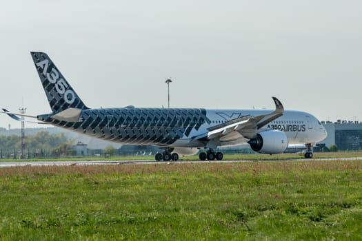 August 30, 2019. Zhukovsky, Russia. long-range wide-body twin-engine passenger aircraft Airbus A350-900 XWB Airbus Industrie at the International Aviation and Space Salon MAKS 2019.