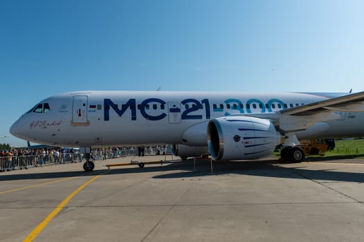 August 30, 2019. Zhukovsky, Russia. Promising Russian medium-range narrow-body passenger aircraft Irkut MC-21 at the International Aviation and Space Salon MAKS 2019.