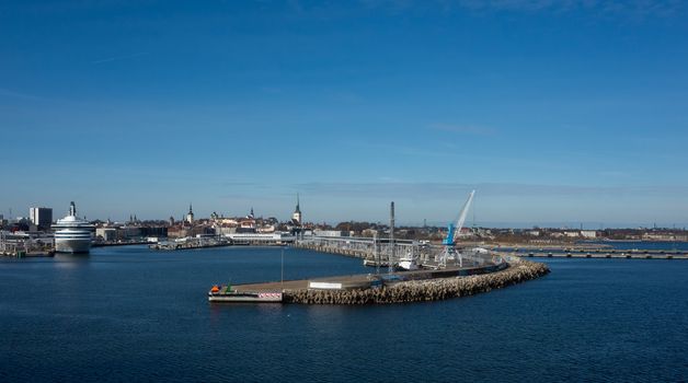 23 April 2019, Tallinn, Estonia. High-speed passenger and car ferry of the Estonian shipping concern Tallink Silja Europa in the port of Tallinn.