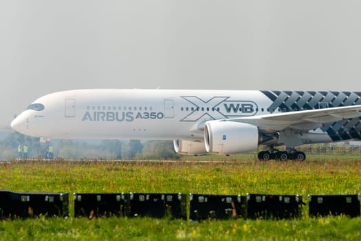 August 30, 2019. Zhukovsky, Russia. long-range wide-body twin-engine passenger aircraft Airbus A350-900 XWB Airbus Industrie at the International Aviation and Space Salon MAKS 2019.