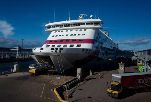 23 April 2019, Tallinn, Estonia. Special equipment calls in high-speed passenger and car ferry of the Estonian shipping concern Tallink Baltic Queen in the port of Tallinn.