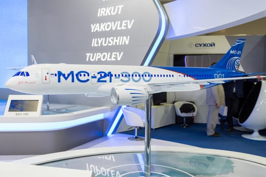 August 30, 2019. Zhukovsky, Russia. Layout of a promising Russian medium-range narrow-body passenger aircraft Irkut MC-21 at the International Aviation and Space Salon MAKS 2019.