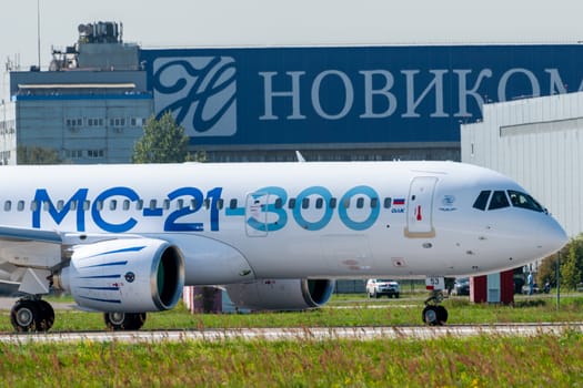 August 30, 2019. Zhukovsky, Russia. Promising Russian medium-range narrow-body passenger aircraft Irkut MC-21 at the International Aviation and Space Salon MAKS 2019.