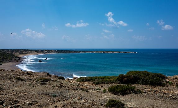 The rocky coast of the Mediterranean Sea on the Akamas Peninsula in the northwest of the island of Cyprus.