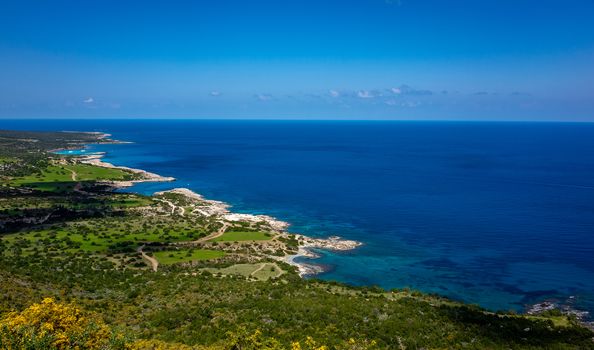 Green mountainous coast of the Mediterranean Sea on the Akamas Peninsula in the northwest of the island of Cyprus.
