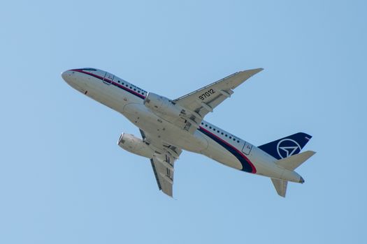 August 30, 2019. Zhukovsky, Russia. Russian short-range narrow-body passenger aircraft  Sukhoi Superjet 100 at the International Aviation and Space Salon MAKS 2019.