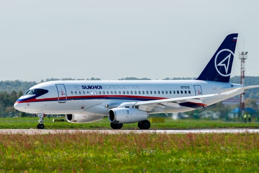 August 30, 2019. Zhukovsky, Russia. Russian short-range narrow-body passenger aircraft  Sukhoi Superjet 100 at the International Aviation and Space Salon MAKS 2019.
