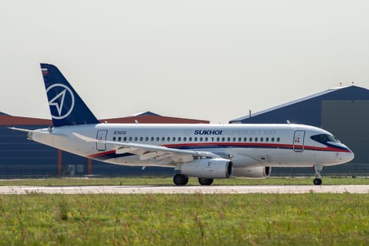 August 30, 2019. Zhukovsky, Russia. Russian short-range narrow-body passenger aircraft  Sukhoi Superjet 100 at the International Aviation and Space Salon MAKS 2019.