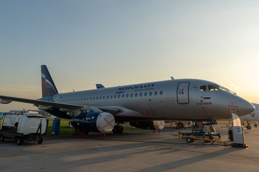 August 30, 2019. Zhukovsky, Russia. Russian short-range narrow-body passenger aircraft  Sukhoi Superjet 100 Aeroflot  Russian Airlines at the International Aviation and Space Salon MAKS 2019.