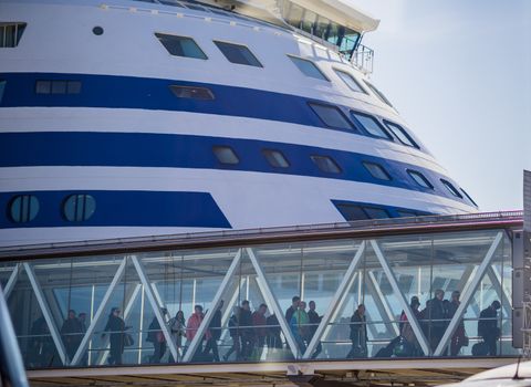 22 April 2019, Stockholm, Sweden. Passengers leave the ferry at the port terminal Vartahamnen in Stockholm.