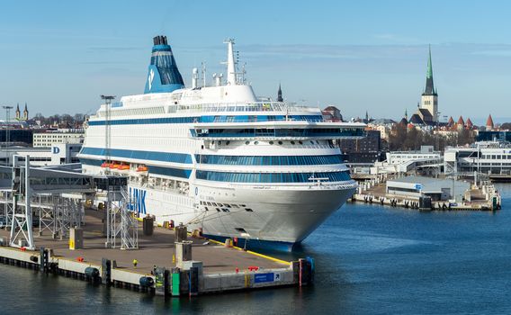 23 April 2019, Tallinn, Estonia. High-speed passenger and car ferry of the Estonian shipping concern Tallink Silja Europa in the port of Tallinn.