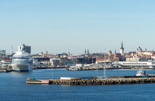 23 April 2019, Tallinn, Estonia. High-speed passenger and car ferry of the Estonian shipping concern Tallink Silja Europa in the port of Tallinn.