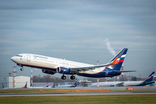 October 29, 2019, Moscow, Russia. Plane Boeing 737-800 Aeroflot - Russian Airlines at Sheremetyevo airport in Moscow.
