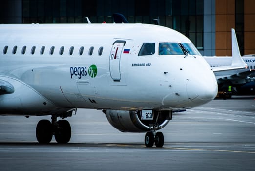 October 29, 2019, Moscow, Russia. Plane Embraer ERJ-190 Ikar Airlines at Sheremetyevo airport in Moscow.