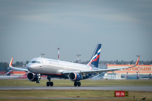 October 29, 2019, Moscow, Russia. Plane Airbus A320-200 Aeroflot - Russian Airlines at Sheremetyevo airport in Moscow.