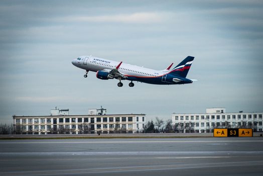 October 29, 2019, Moscow, Russia. Plane Airbus A320-200 Aeroflot - Russian Airlines at Sheremetyevo airport in Moscow.