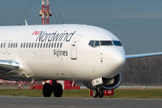 October 29, 2019, Moscow, Russia. Plane Boeing 737-800 Nordwind Airlines at Sheremetyevo airport in Moscow.