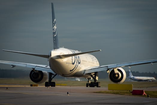 October 29, 2019, Moscow, Russia. Plane Boeing 777-300 Aeroflot - Russian Airlines in livery of the international aviation alliance SkyTeam at Sheremetyevo airport in Moscow.