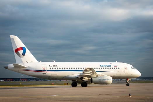 October 29, 2019, Moscow, Russia. Plane Sukhoi Superjet 100 Severstal Airlines at Sheremetyevo airport in Moscow.