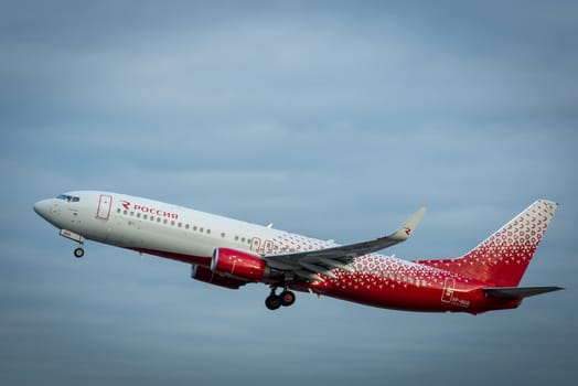 October 29, 2019, Moscow, Russia. Plane Boeing 737-800 Rossiya - Russian Airlines at Sheremetyevo airport in Moscow.