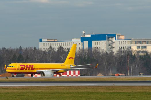 October 29, 2019, Moscow, Russia. Plane Tupolev Tu-204 Aviastar Airlines in livery DHL at Sheremetyevo airport in Moscow.