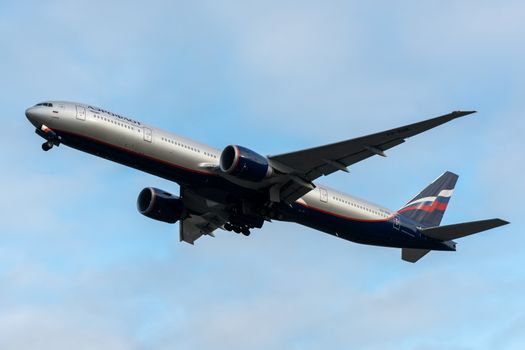 October 29, 2019, Moscow, Russia. Plane Boeing 777-300 Aeroflot - Russian Airlines at Sheremetyevo airport in Moscow.