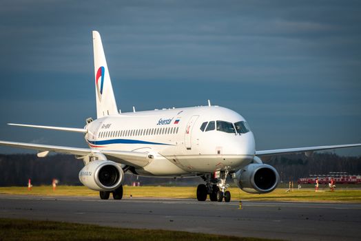 October 29, 2019, Moscow, Russia. Plane Sukhoi Superjet 100 Severstal Airlines at Sheremetyevo airport in Moscow.