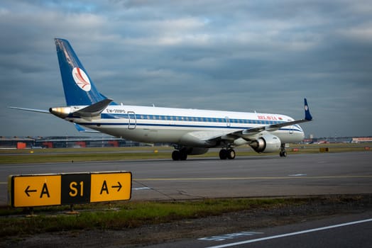 October 29, 2019, Moscow, Russia. Plane Embraer ERJ-195 Belavia Airlines at Sheremetyevo airport in Moscow.