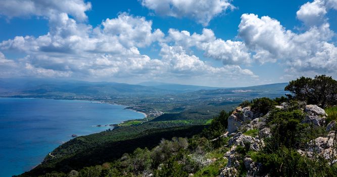 Green mountainous coast of the Mediterranean Sea on the Akamas Peninsula in the northwest of the island of Cyprus.