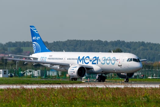 August 30, 2019. Zhukovsky, Russia. Promising Russian medium-range narrow-body passenger aircraft Irkut MC-21 at the International Aviation and Space Salon MAKS 2019.
