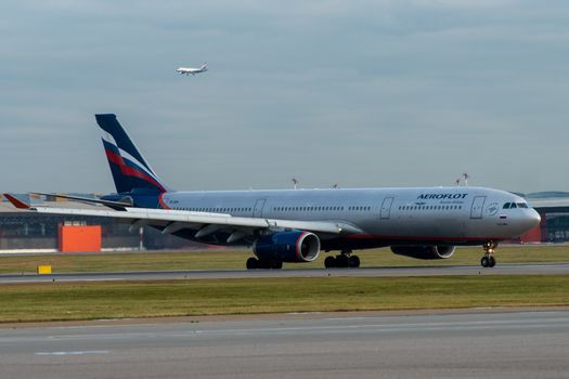 October 29, 2019, Moscow, Russia. Plane Airbus A330-300 Aeroflot - Russian Airlines at Sheremetyevo airport in Moscow.