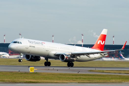 October 29, 2019, Moscow, Russia. Plane Airbus A321-200 Nordwind Airlines at Sheremetyevo airport in Moscow.