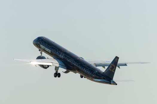 August 30, 2019. Zhukovsky, Russia. Twin-engine narrow-body passenger aircraft Embraer E-Jet E195-E2
at the International Aviation and Space Salon MAKS 2019.