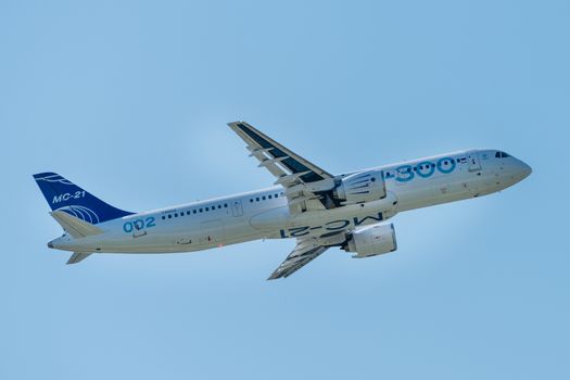 August 30, 2019. Zhukovsky, Russia. Promising Russian medium-range narrow-body passenger aircraft Irkut MC-21 at the International Aviation and Space Salon MAKS 2019.