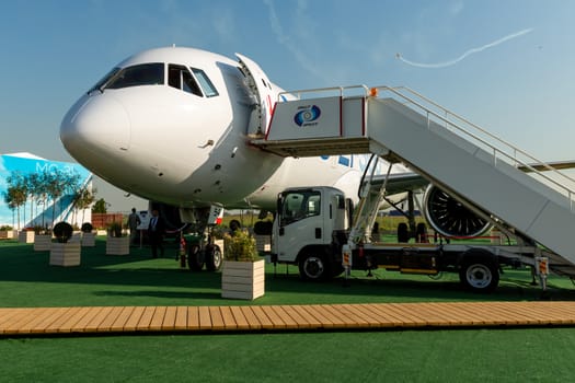 August 30, 2019. Zhukovsky, Russia. Promising Russian medium-range narrow-body passenger aircraft Irkut MC-21 at the International Aviation and Space Salon MAKS 2019.